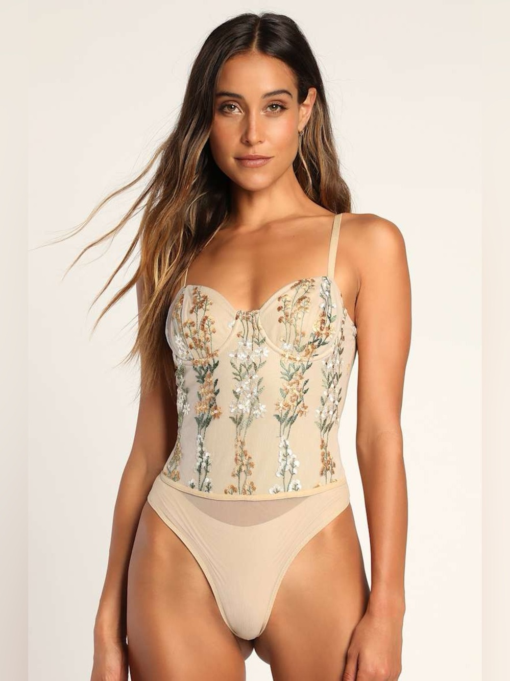 NWT Lulus Essence of Elegance Beige Embroidered Bustier Bodysuit Size Large